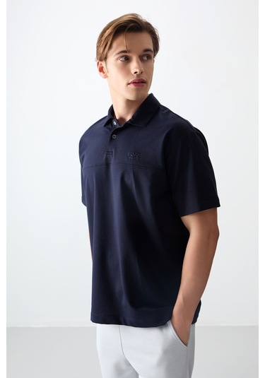 Tommy Life Lacivert Pamuklu Kalın Yumuşak Dokulu Polo Yaka Oversize Fit Basic Erkek T- Shirt - 88382 Lacivert
