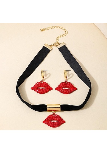Kadınlar Bayanlar İçin Moda Seksi Ve Çekici Alev Kırmızısı Dudaklar Takı Seti Kırmızı