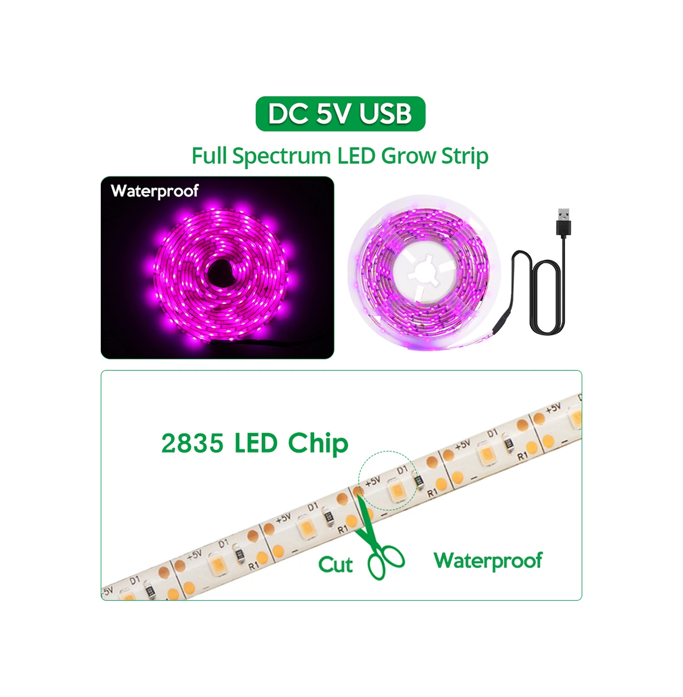 Skycity Usb 5v Tam Spektrum 2835 Smd Led Bitki Işık Şeridi, 2m Uzunluk, Ip65 Su Geçirmez, 30000+ Saat Ömür, Dıy Uyumlu Gösterildiği Gibi