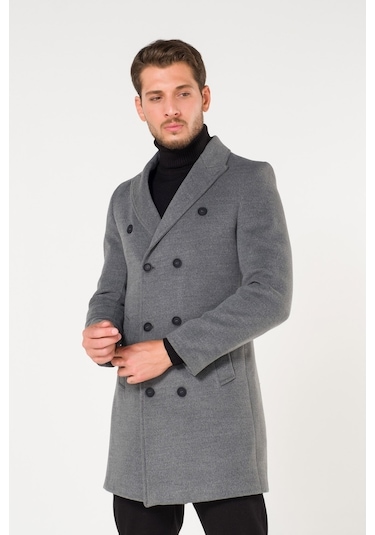 Erkek Kruvaze Düz Gri Kışlık Slim Fit Kaşe Kaban-Gri