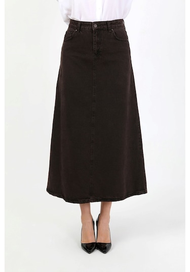 Yüksek Bel A Kesim Denim Etek Kahverengi Kahverengi