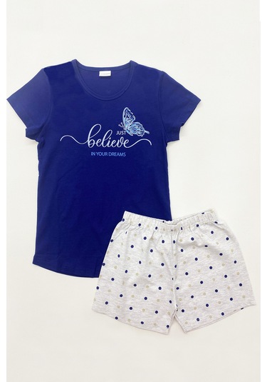 Kız Çocuk Şortlu Pijama Takımı Pamuk Baskılı A12 Lacıvert