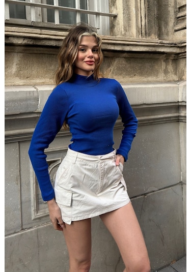 Saks Yarım Balıkçı Şardonlu Fitilli Bluz Saks