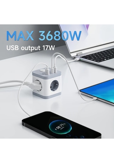Honeybeeshop Lıpwel 3680w Maksimum Güç Kaynağı Küpü Usb Hızlı Şarj 17w Çıkış 16a 3680w Kapasite 3 Metre Beyaz Seyahat Adaptörü