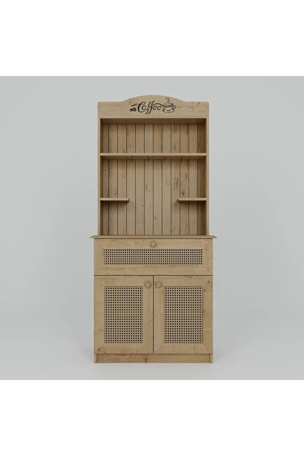 Lucas 2 Kapaklı Çekmeceli Sarı Hasır Desen Kahve Köşesi Çok Amaçlı Mutfak Dolabı - Safir Meşe Safir Meşe