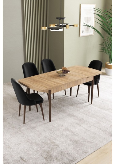 Ikon Meşe Desen 80x132 Mdf Açılabilir Mutfak Masası Takımı 4 Adet Sandalye Siyah