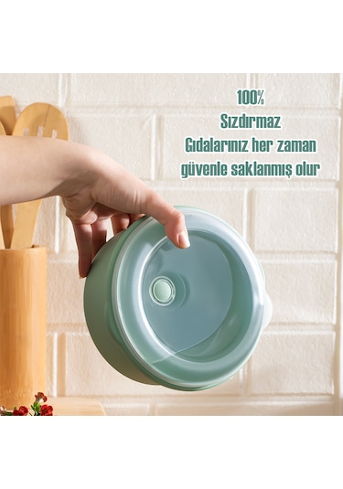Porsima 5318 Kilitli Sızdırmaz Kapaklı Hava Tahliye Contalı Çok Amaçlı 3lü Yuvarlak Erzak Yiyecek Saklama Kabı Seti Yeşil - 800-1300-2000ml Yeşil
