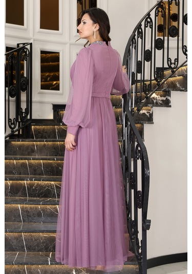 Senna Taş Detaylı Büyük Beden Şık Tesettür Abiye Lavanta
