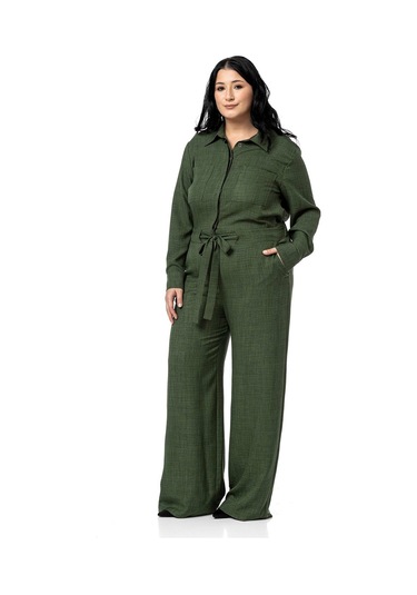 Büyük Beden Beli Tünelli Ve Arkadan Lastikli Geniş Paça Haki Tulum Haki