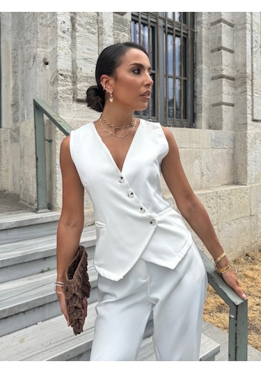 Ahes Shopping Kadın Sıfır Kollu Çapraz V Yakalı Önden Düğmeli Atlas Yelek Ve Pantolon Ikili Takım Beyaz