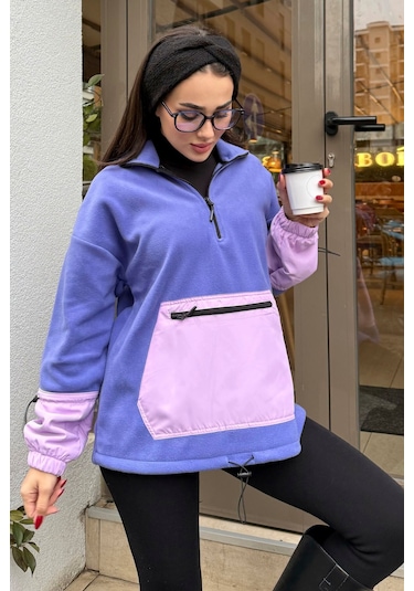 Tommy Life Açık Eflatun Etek Ucu Büzgülü Yarım Fermuarlı Oversize Kadın Polar Sweatshirt - 97238 Eflatun