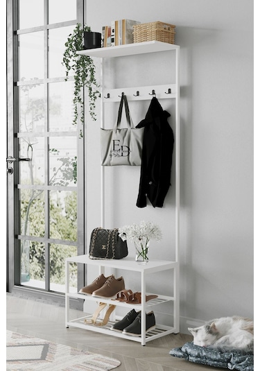 Ruby Vestiyer , Portmanto , Askılık , 3 Raflı Ayakkabılık , Beyaz Metal - Beyaz Tabla