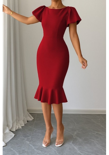 Ahes Shopping Kadın Kısa Kollu Yuvarlak Yaka Pileli Janjan Krep Elbise Kırmızı