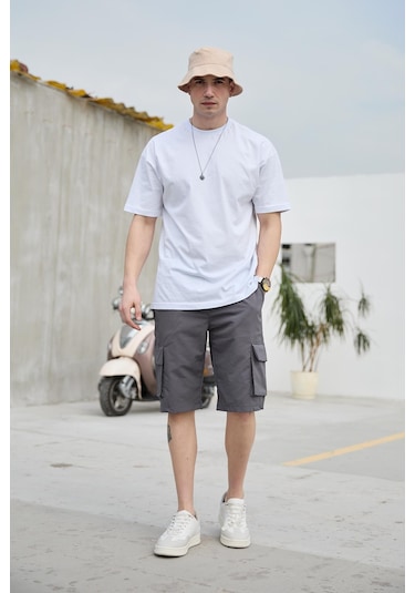 Antrasit Renk Kargo Cepli Paraşüt Kumaş Erkek Şort-1559 Antrasit