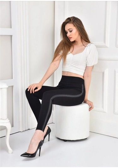 Kadın Siyah Toparlayıcı Tek Deri Şerit Günlük Yüksek Bel Tayt Siyah