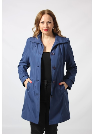 1671 Kolu Düğme Detaylı Uzun Kapişonlu Saks Büyük Beden Kadın Ceket Saks