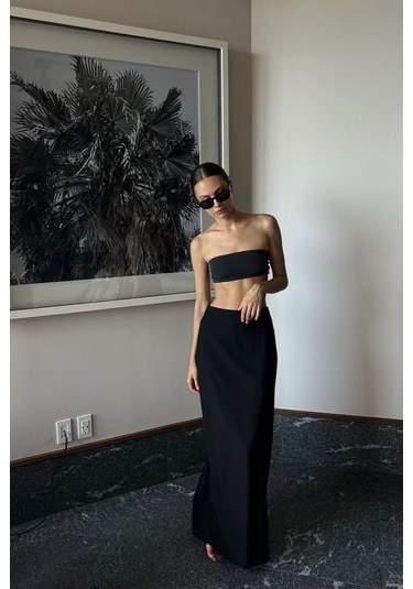 Kahverengi Maxi Basic Etek Siyah