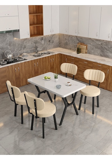 Azra 70x110cm Beyaz Mutfak Masası, Mutfak Masası Takımı, Yemek Masası, 4 Krem Sandalye Krem