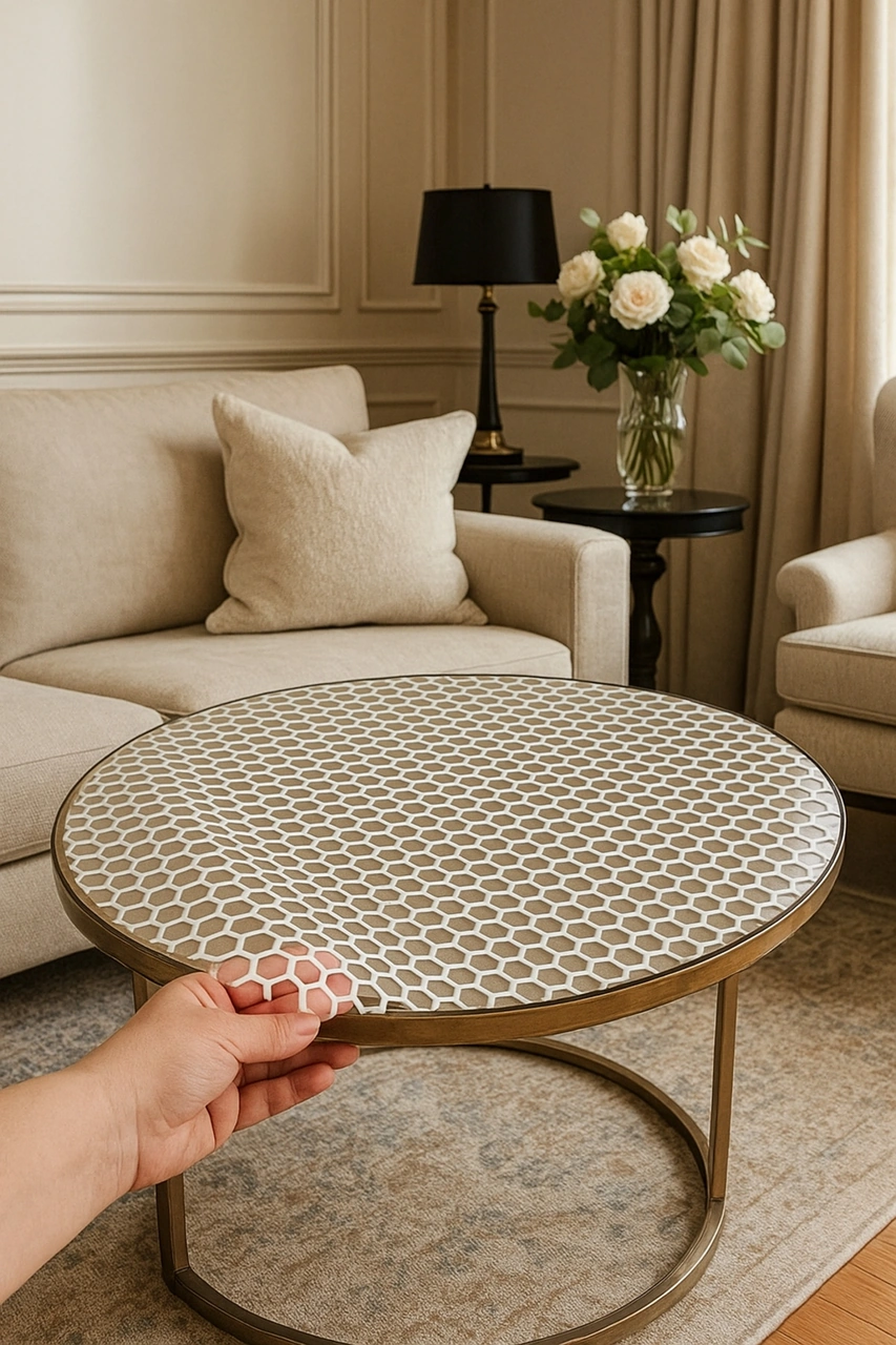 Rona Home Yuvarlak Orta Sehpa Lüks Hasır Pvc Şeffaf Petek Desen Masa Örtüsü Silinebilir, Çeyizlik Beyaz