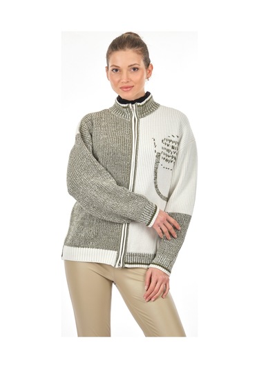 Unique Mode Dik Yaka Yazılı Uzun Kollu Haki Kadın Hırka UW231062 Haki