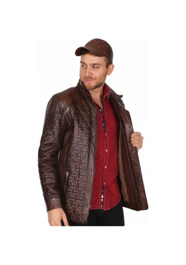Hakiki Deri Kahverengi Neymar Işlemeli Erkek Deri Ceket Kahve