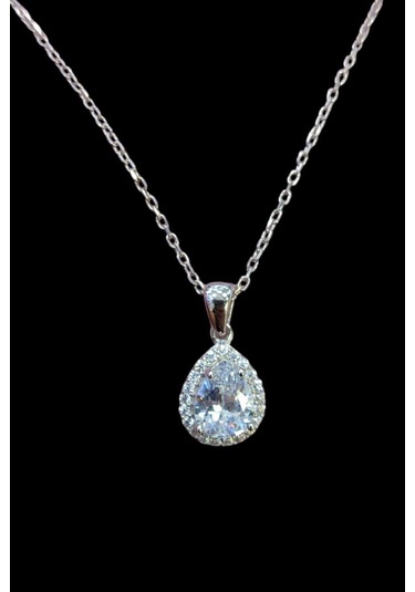 Modagümüşevi 925 Ayar Gümüş Pırlanta Tasarım Damla Kolye, Gümüş Kadın Kolye, Gümüş Kolye