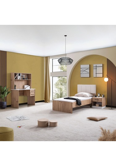 Genç Odası Efes Çalışma Masası,karyola,komodin Ceviz Krem Ceviz