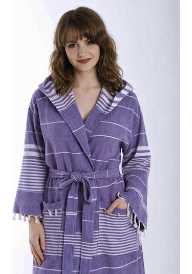 Kapüşonlu Kadın / Erkek Peştemal Bornoz Soft %100 Pamuklu Natural Mor