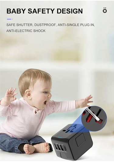 Fastbuy Mavi Evrensel Seyahat Şarj Aleti - 4 Usb 3 Usb-a + 1 Type-c Hızlı Şarj, 150+ Ülke Uyumlu, 5 Cihazı Eşzamanlı Şarj, Ha