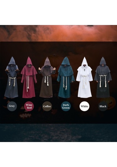 Pazly Cadılar Bayramı Rahip Kostümü Kapşonlu Koyu Yeşil Çapraz Kolyeli