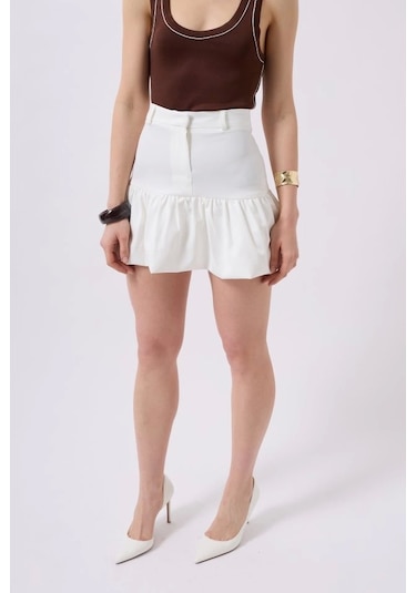 Büzgü Detay Mini Etek Beyaz