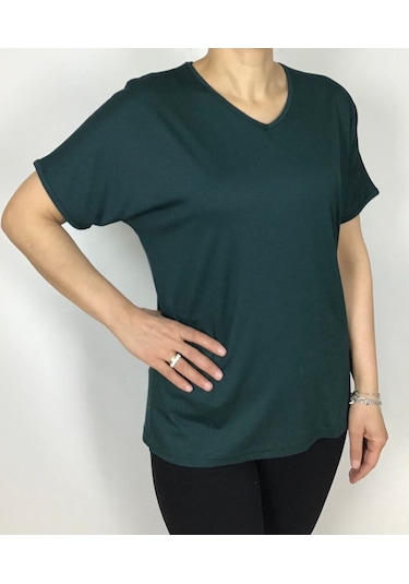 Kısa Kol V Yaka Likralı Düz Penye Bluz Zümrüt