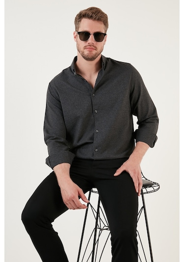 Buratti Pamuklu Regular Fit Düğmeli Yaka Kışlık Erkek Gömlek Cf24W127079 Antrasit