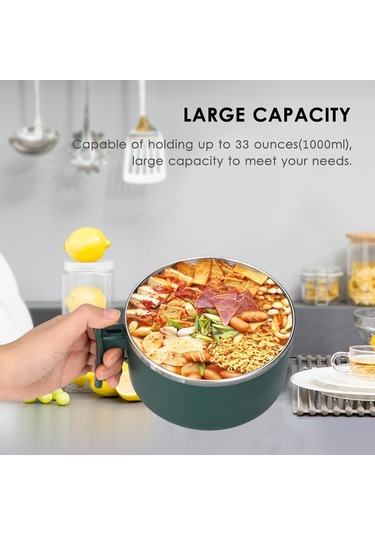 Neevoyu Yeşil Isı Yalıtımlı El Kolu 1000ml 304 Paslanmaz Çelik İç Kabuklu Mikrodalga Uyumlu Yemek Kutusu - Çorba, Makarna, Öğle Yemeği İçin Pratik Kap Yeşil
