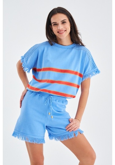 Peraluna Hannah Blouse & Shorts Pamuklu Yazlık Kadın Triko Şort T Mavi