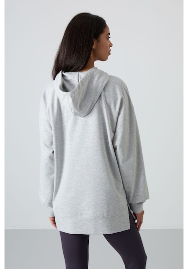 Tommy Life Gri Melanj Balon Kol Yazı Nakışlı Kadın Oversize Tunik Sweatshirt - 97163 Gri Melanj