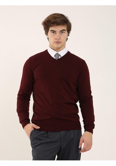Dufy Bordo Erkek Slim Fit V Yaka Triko - 91117 Bordo