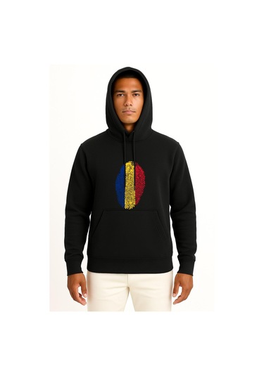 Kapüşonlu Romania, Flag, Fingerprint Göğüs Tasarımlı Unisex Sweatshirt Siyah