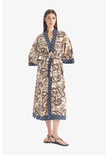 Defacto Regular Fit Kuşaklı Etnik Desenli Pamuklu Kimono-fall İn Love D0456ax25spnv247 Lacivert