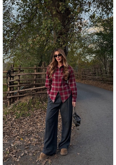 Kahverengi Bağlama Detaylı Ekoseli Gömlek - 25250 Kahverengi