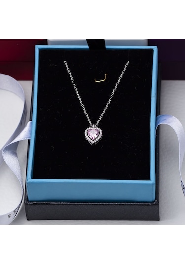 Nagiss Kalp Model Pembe Zirkon Taşlı 925 Ayar Gümüş Kadın Kolye Model-3 Gümüş