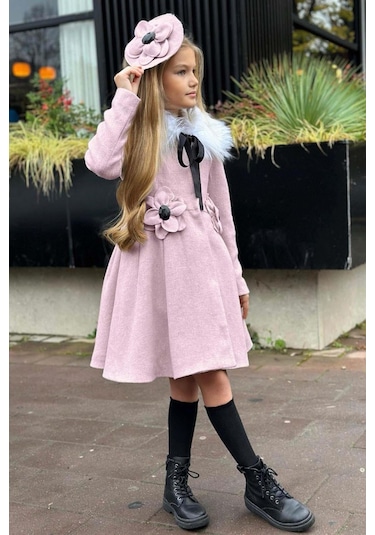 Riccotarz Kız Çocuk Kürk Yakalı Önü Çiçek Ve Elmas Taş Detaylı Pudra Kaşe Pudra