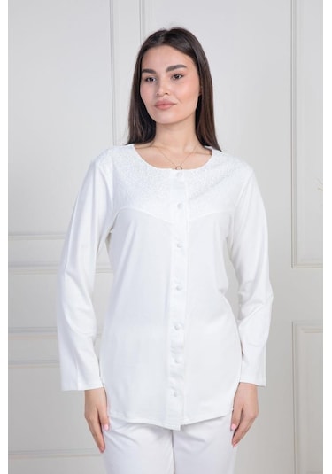 Mecit 6105 Bayan Ekru Büyük Beden Boydan Düğmeli Pijama Takımı Ekru
