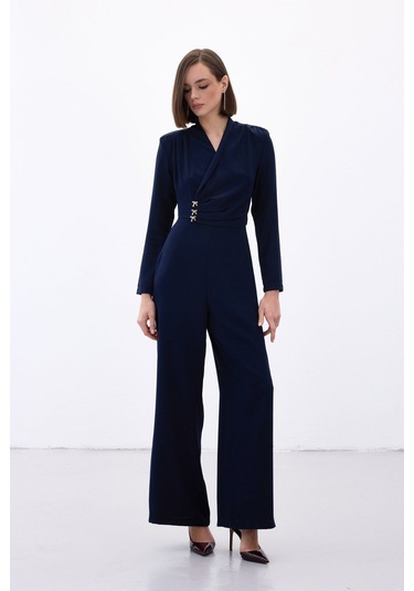 Sateen Fiyonk Aksesuarlı Krep Tulum - Lacivert-136703 Lacivert