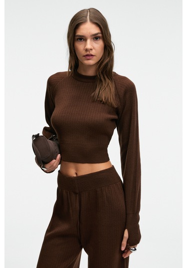 Grımelange Marıposa Kadın Yuvarlak Yaka Çizgi Desenli Crop Geniş Paça Triko Kahverengi Alt-üst Takım Kahverengi