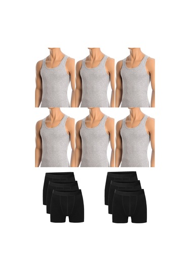 Erkek Pamuklu 6'lı Gri Atlet Ve 6'lı Siyah Boxer 12 Parça Set