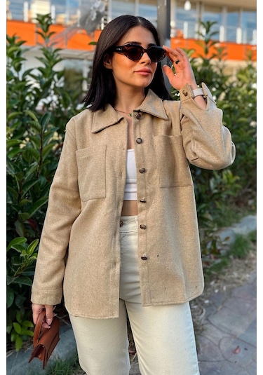 Kadın Camel Uzun Kol, Çift Cepli, Eteği Oval Kesim, Kaşe Gömlek Ceket CAMEL