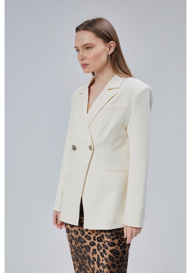 Ekru Regular Fit Yırtmaç Detaylı Blazer Ceket Ekru
