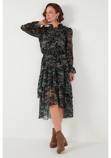 Lela Regular Fit Yaka Detaylı Volanlı Şifon Midi Bayan Elbise 611El1448 Yeşil Lela Regular Fit Yaka Detaylı Volanlı Şifon Midi Bayan Elbise 611El1448 Yeşil