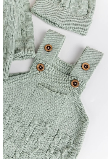 Triko Hırkalı 3'lü Ayarlanabilir Askılı Örgü Erkek Bebek Salopet Tulum Takım Set Yeşil